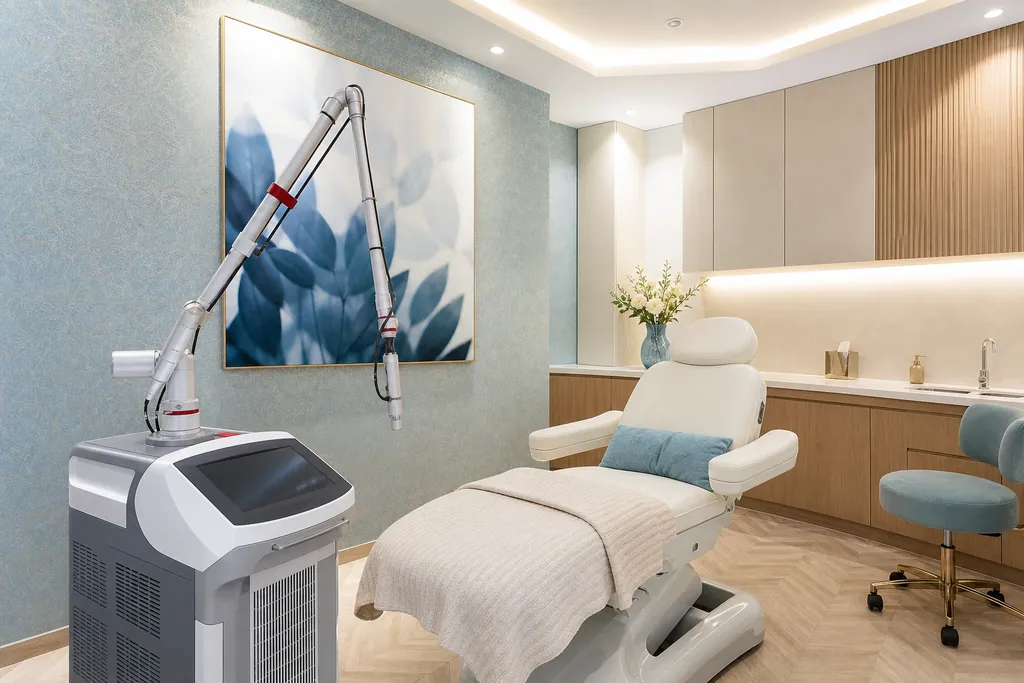 Bilik rawatan klinik estetik moden dengan mesin pico laser dan kerusi rawatan