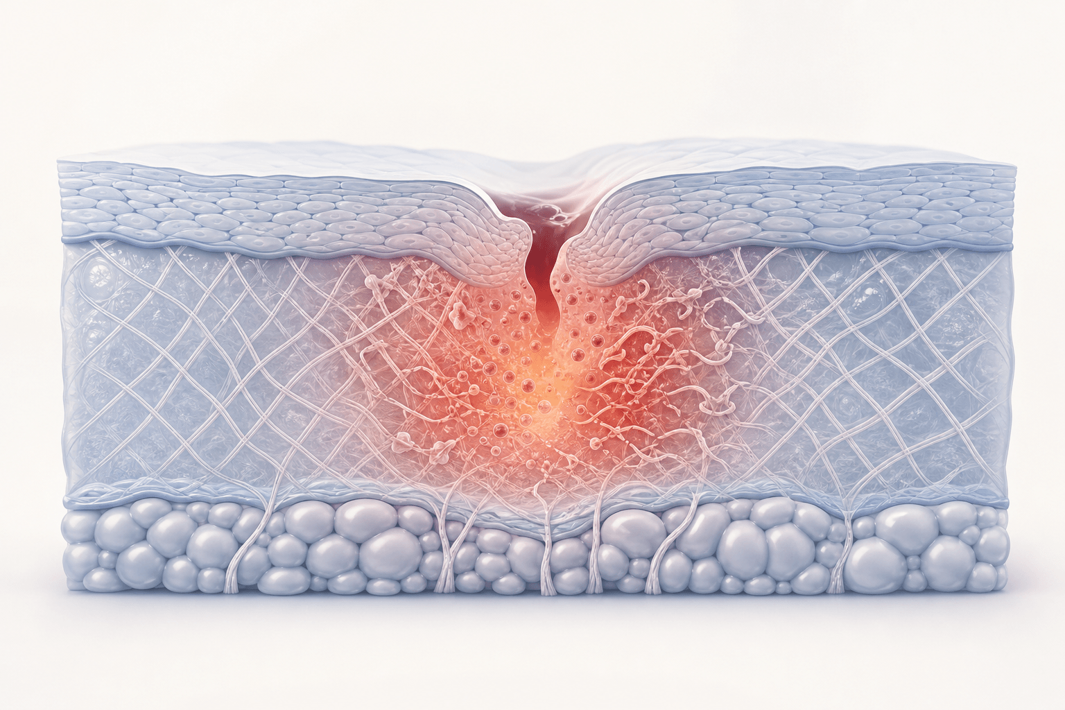 Diagram-style illustration of skin layers showing how inflammation damages collagen during acne healing