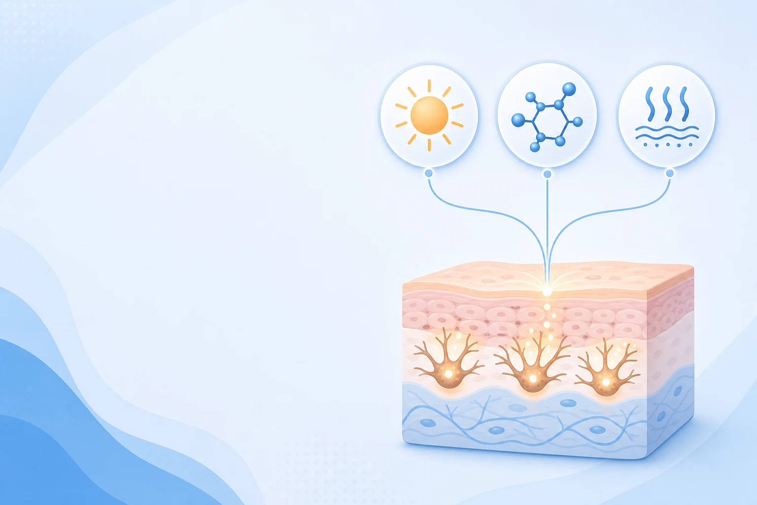 Diagram showing sun, hormones and heat activating pigment cells in the skin