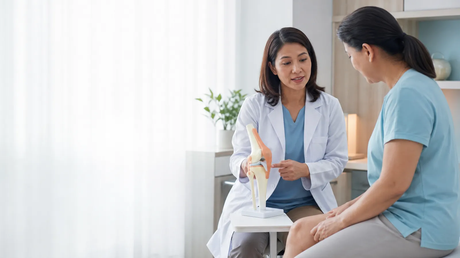 Doctor explaining a knee joint model to a patient before an HA knee injection at DrPlus Singapore