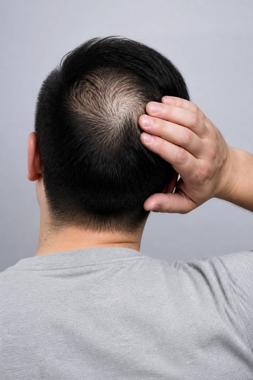 Man concerned about thinning at the crown during hair loss self-check