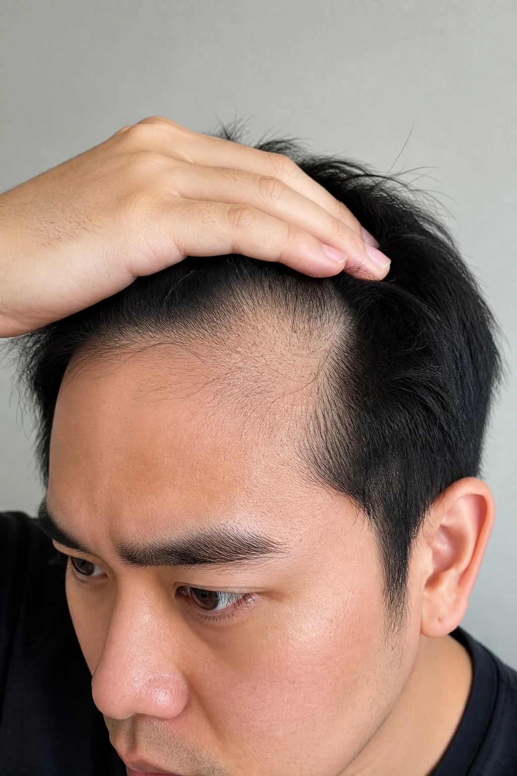 Man examining early temple hairline recession — a common reason to seek diagnosis-first hair loss care