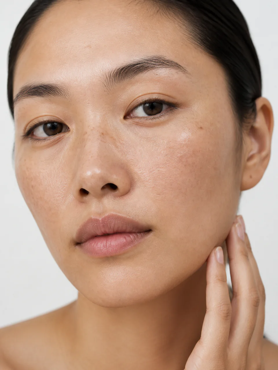 Close-up of an East Asian woman with natural freckles and sun spots